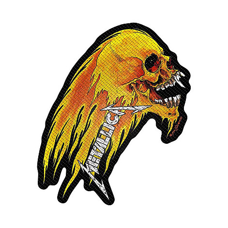 Metallica tkaná patch PES 90 x 30 mm, Flaming Skull Cut-Out
