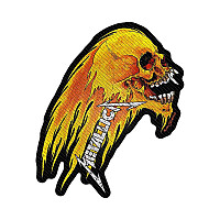 Metallica tkaná patch PES 90 x 30 mm, Flaming Skull Cut-Out